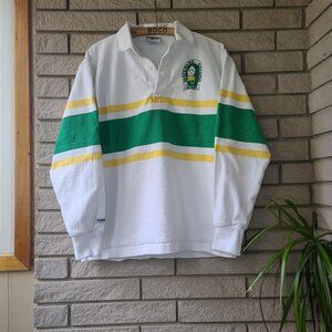 Vintage 'Barbarian' white/green striped long-sleeve rugby shirt men's L